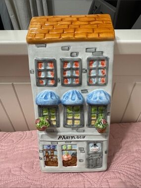GANZ Ceramic Apothecary Pharmacy Building in White, Blue, Orange and Green
